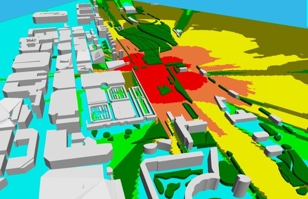 Mapa acústico tridimensional de una instalación industrial simulado con CadnaA por Apling Acústica